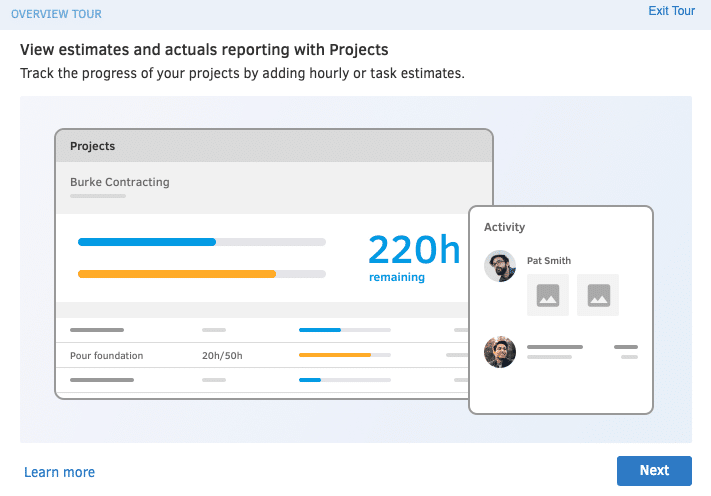 An onboarding tour popup overlaying the QuickBooks Time dashboard and pointing to a navigation item.