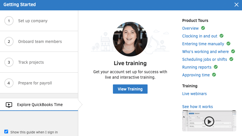 The QuickBooks Time playground setup screen for creating a demo profile with sample data.
