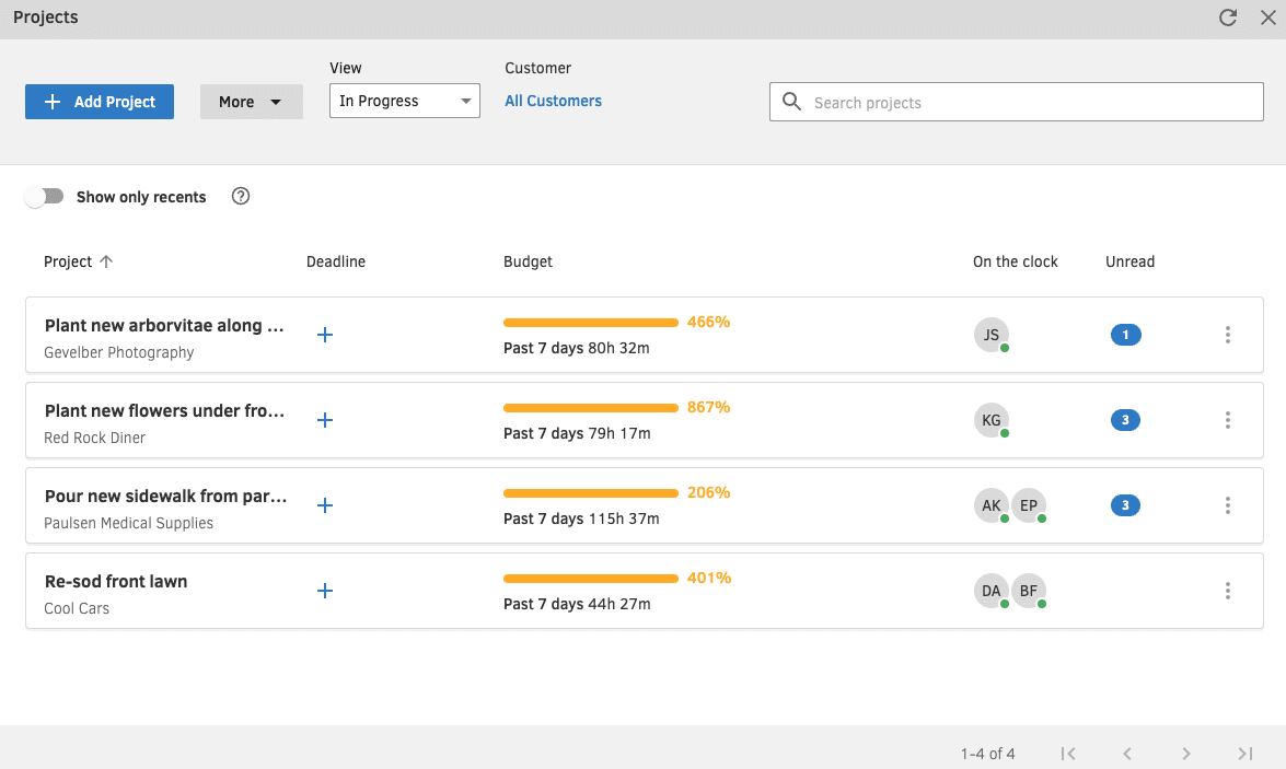 A list of recent projects in QuickBooks Time with hours logged against each.