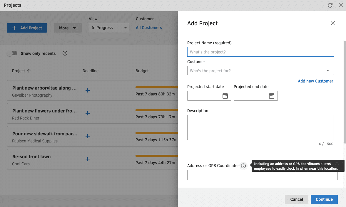 The QuickBooks Time form for adding a new project, including the address used for geofencing.