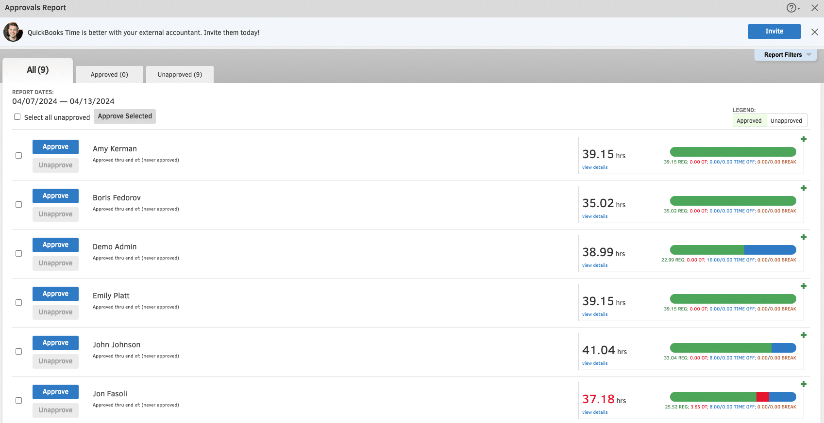 A QuickBooks Time payroll report showing hours by employee.