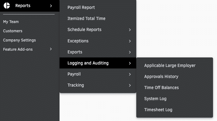 The expanded reporting menu in QuickBooks Time listing eight report categories.