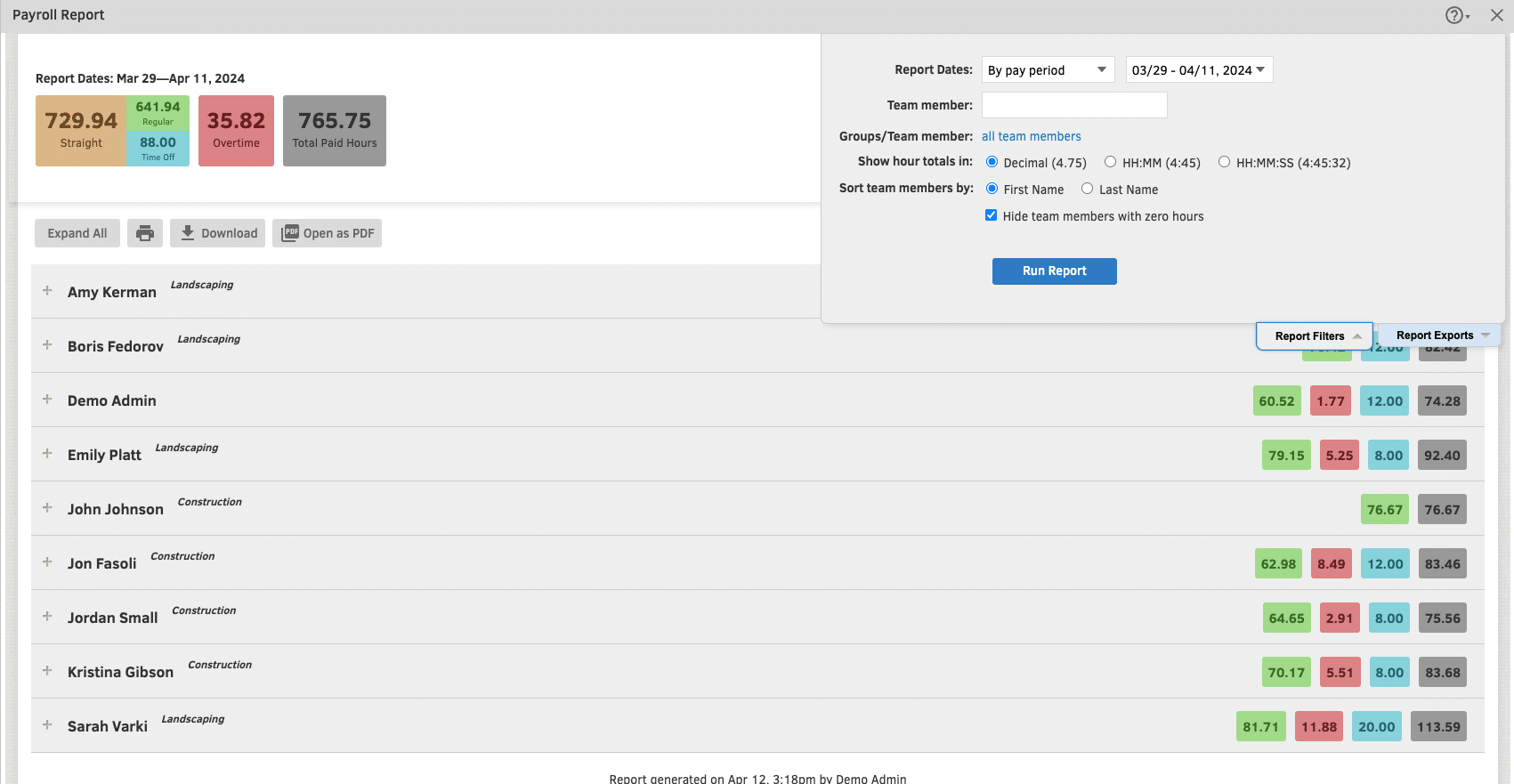 A project time allocation report in QuickBooks Time.