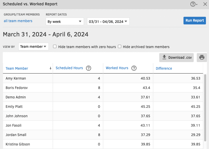 CSV export options in QuickBooks Time for groups, clients and team members.