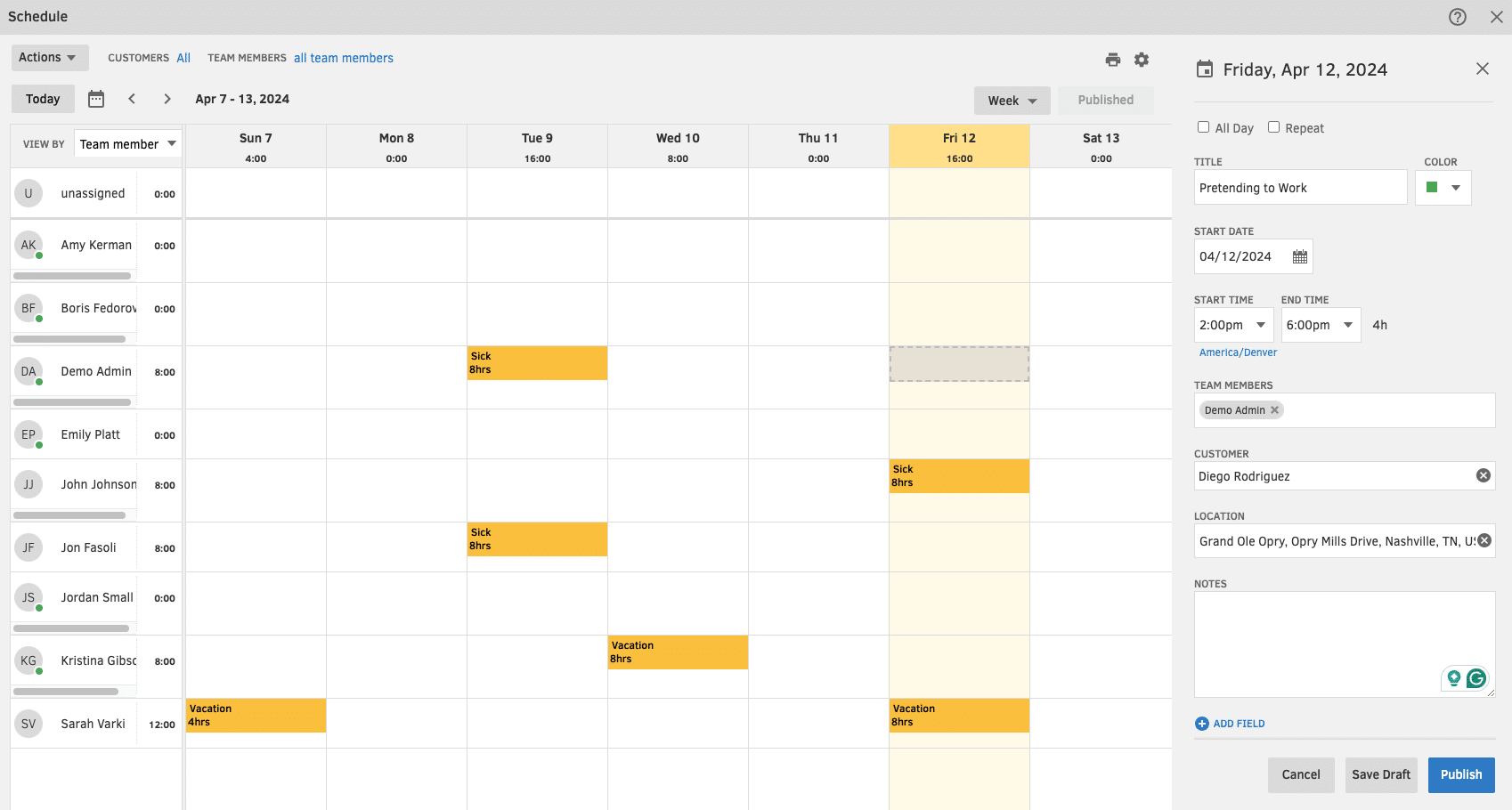 The QuickBooks Time scheduling calendar in week view with a row per worker.