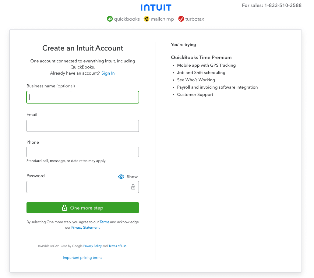 The QuickBooks Time account creation form, asking for business details before a credit card is required.
