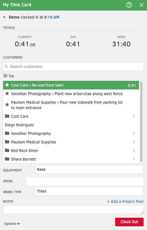 The QuickBooks Time time card view showing current project time, daily total and weekly total.