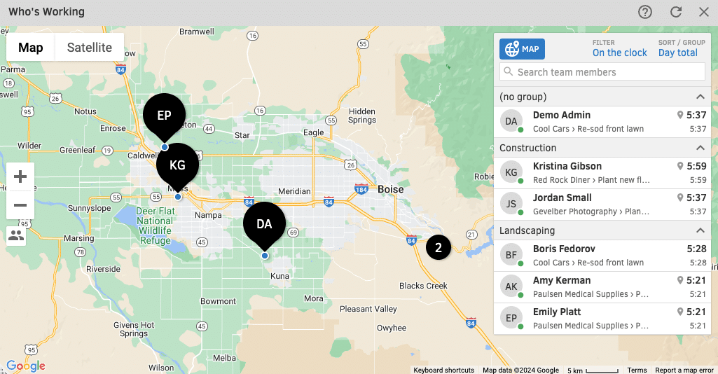 The Who's Working map view in QuickBooks Time showing active workers plotted across job sites.