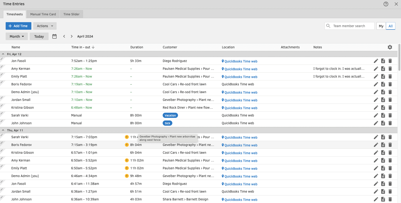 The timesheet entry dashboard in QuickBooks Time listing entries day by day.