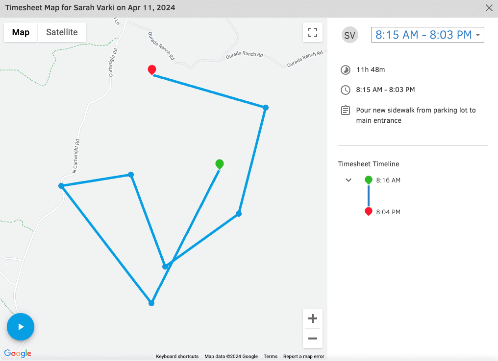 The travel timeline view showing a worker's movement across a shift.