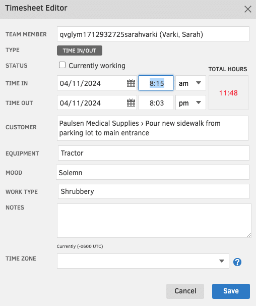 An admin editing a timesheet entry in QuickBooks Time.