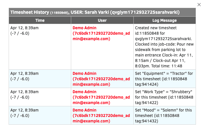 The timesheet edit history in QuickBooks Time, showing an audit trail of who changed what.