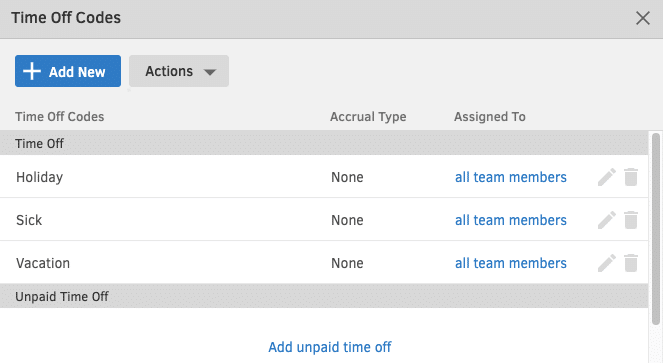 Time off codes configured in QuickBooks Time for holiday, sick and vacation balances.