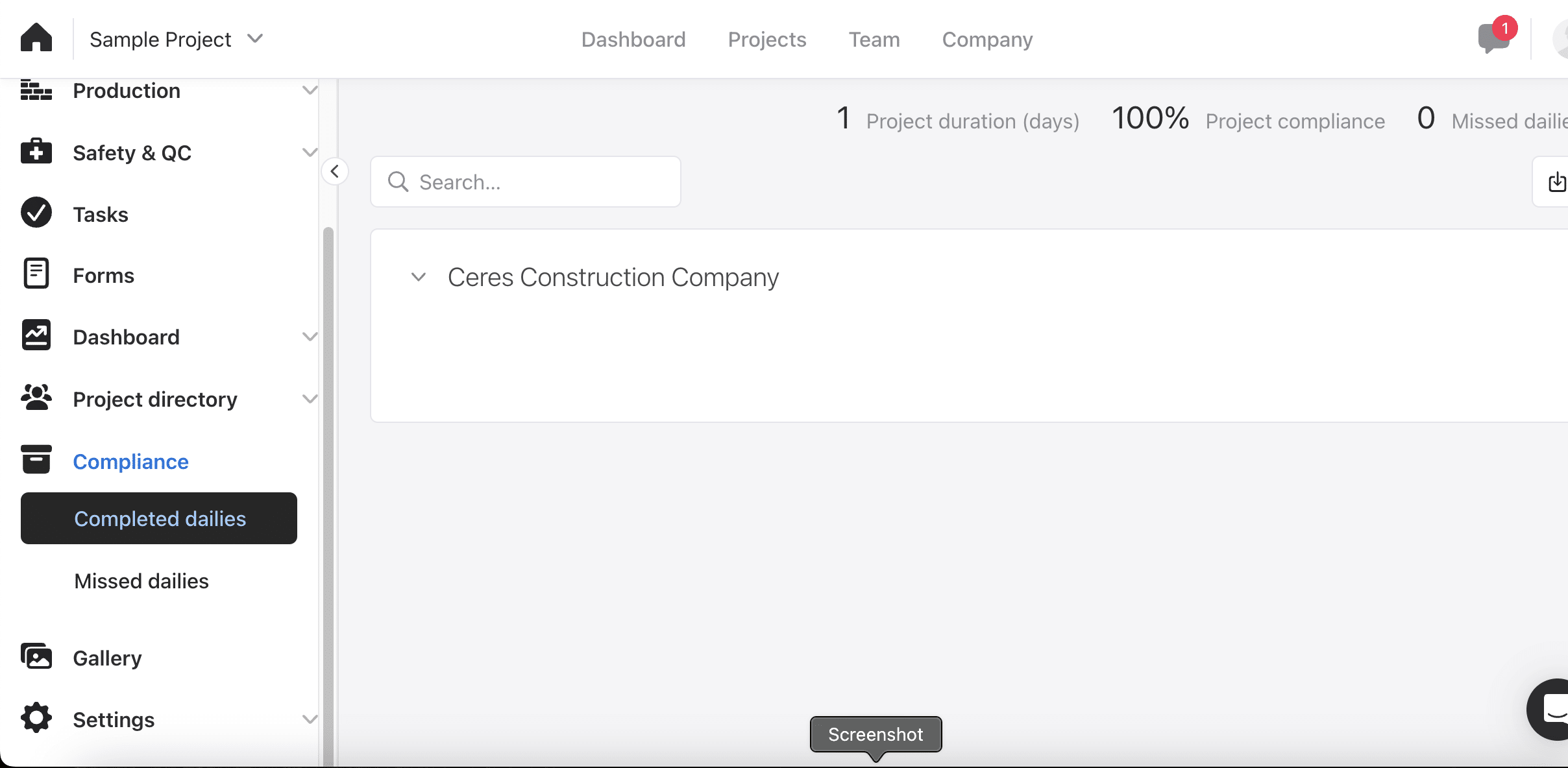 Raken Compliance Completed dailies view showing project duration, 100 percent compliance and zero missed dailies above a collapsed company folder