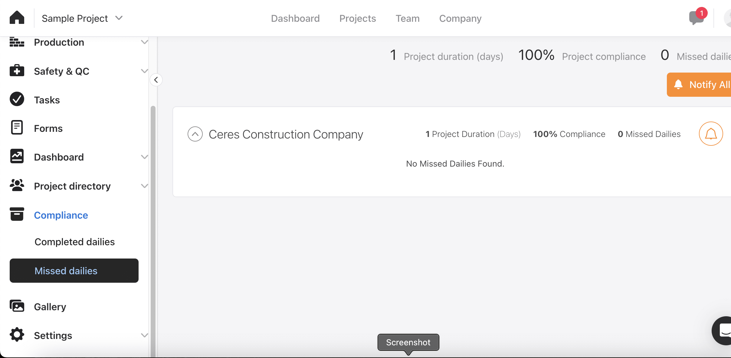 Raken Compliance Missed dailies view with a Notify All button and a message reading No Missed Dailies Found