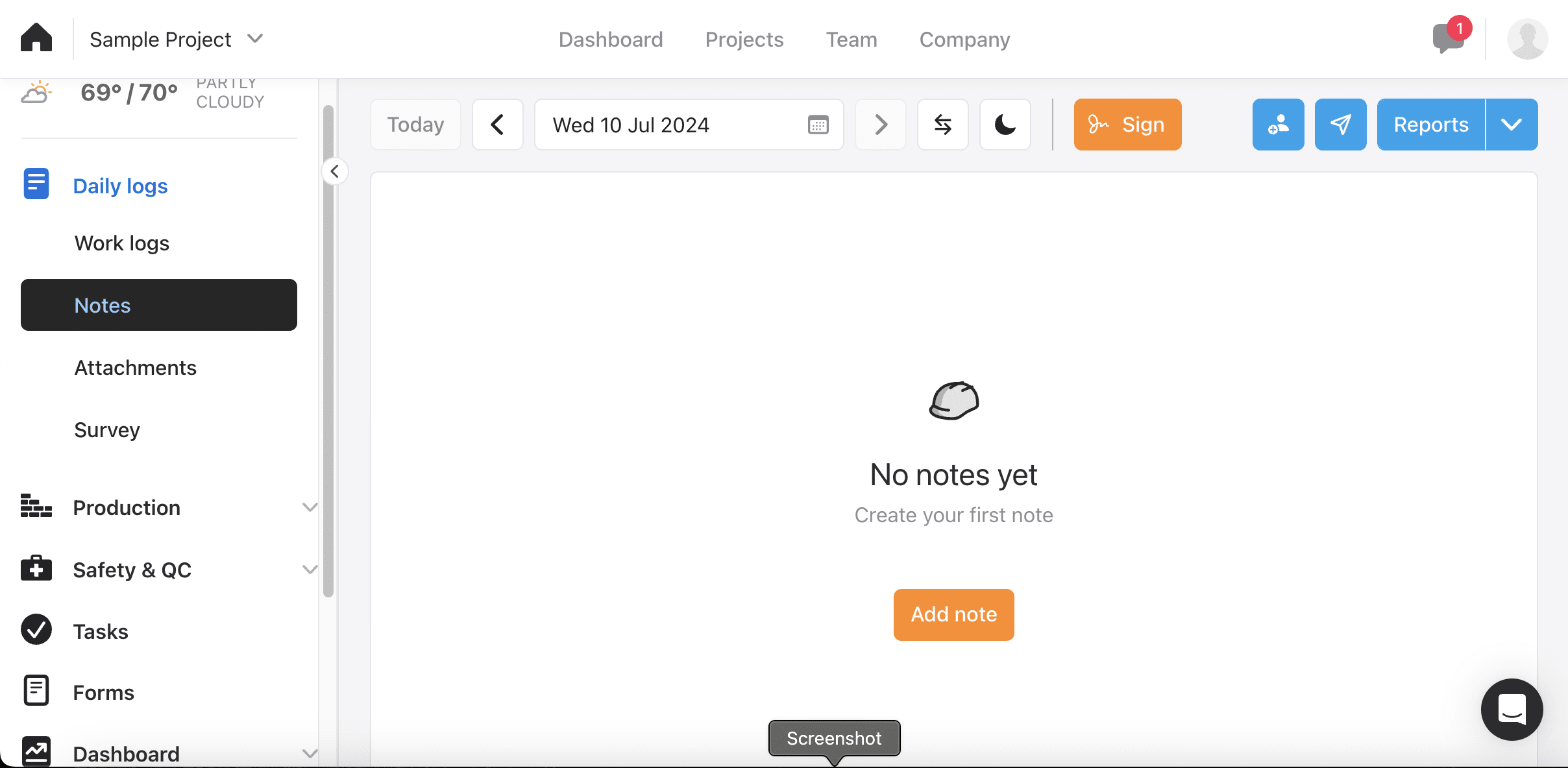 Raken daily log Notes tab showing an empty state reading No notes yet with an Add note button