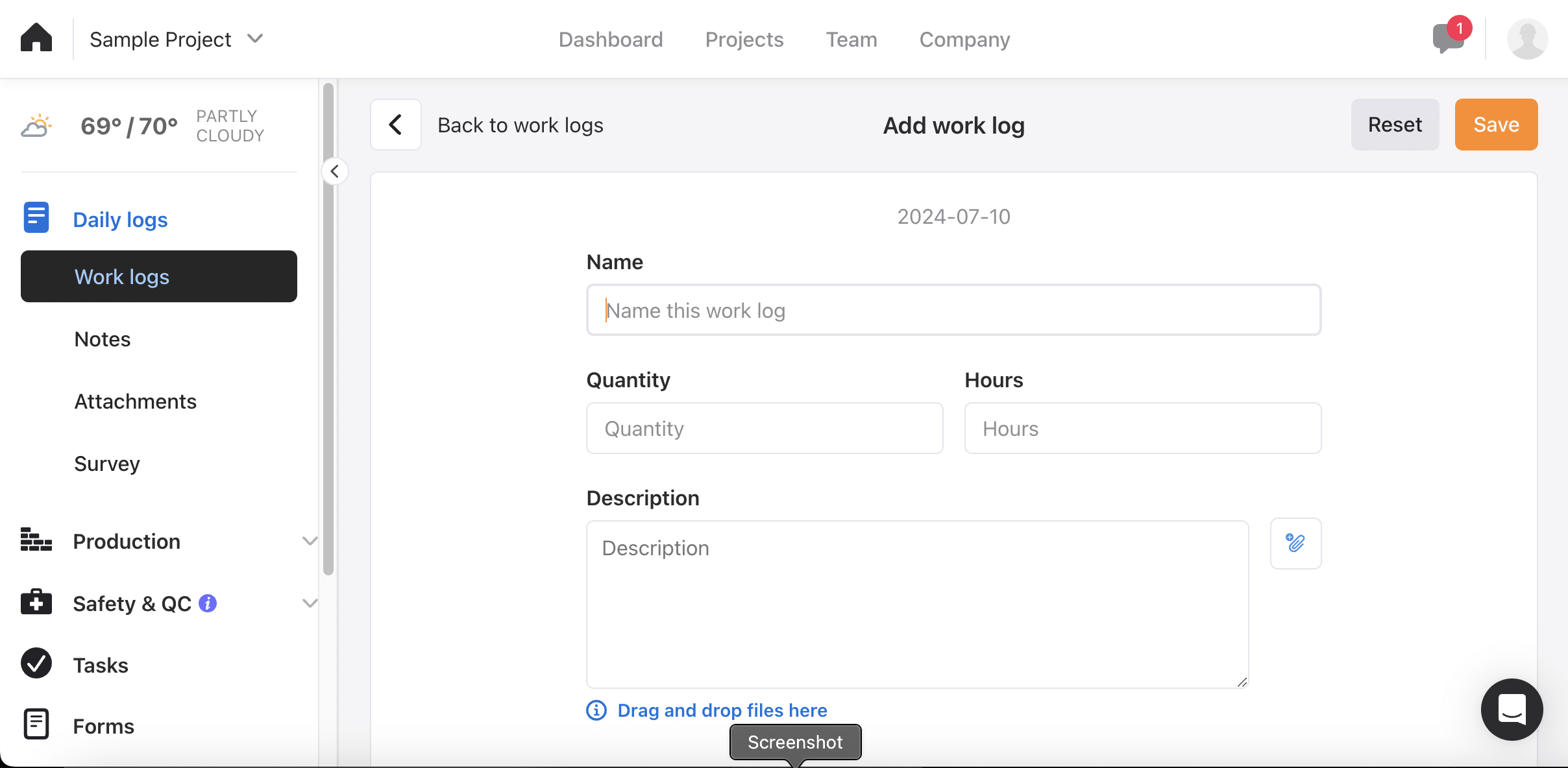 Raken Add work log form dated 2024-07-10 with fields for name, quantity, hours and description, plus a drag-and-drop file area
