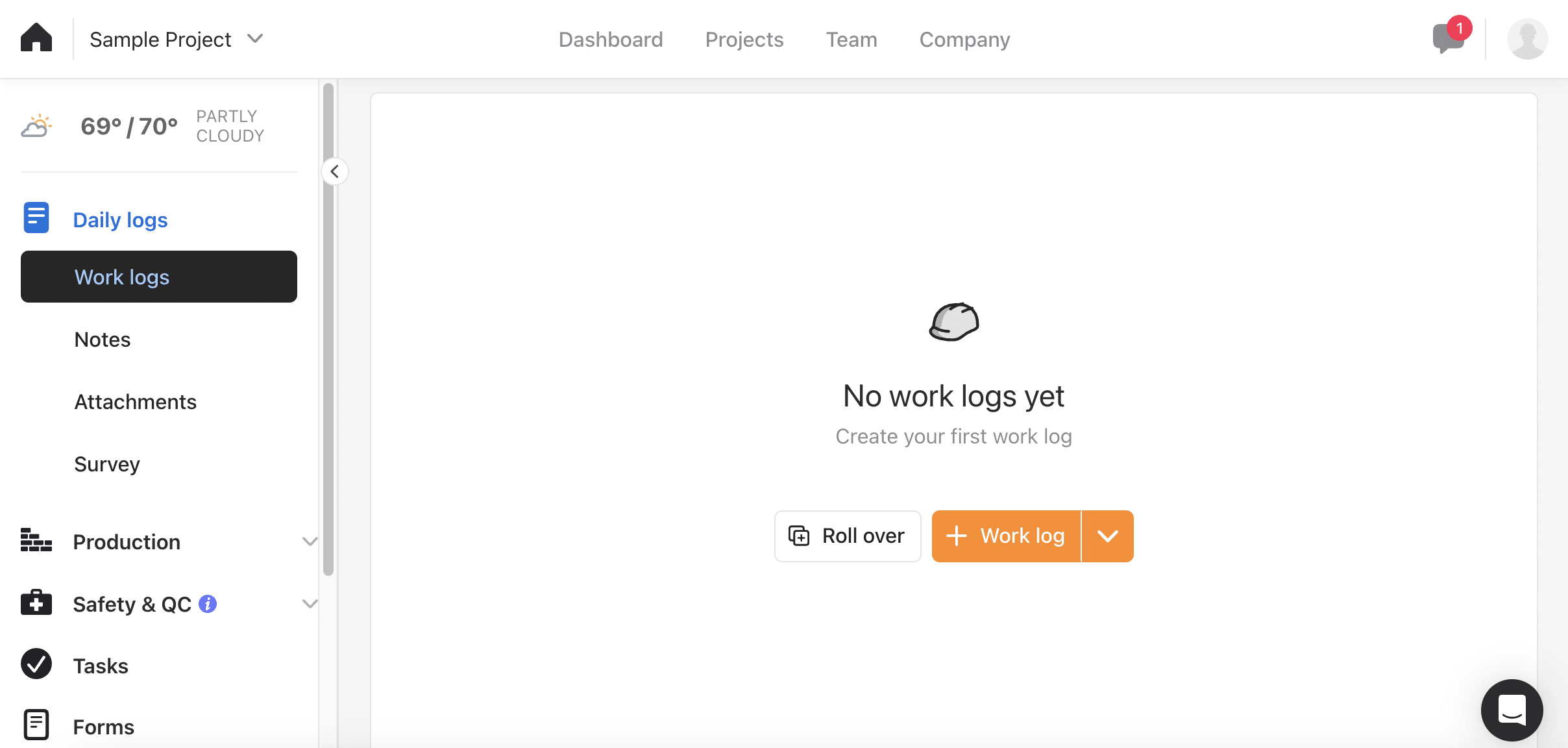 Raken web app Daily logs section with the Work logs tab selected showing an empty state, alongside the left-hand feature menu and a weather readout of 69 and 70 degrees partly cloudy