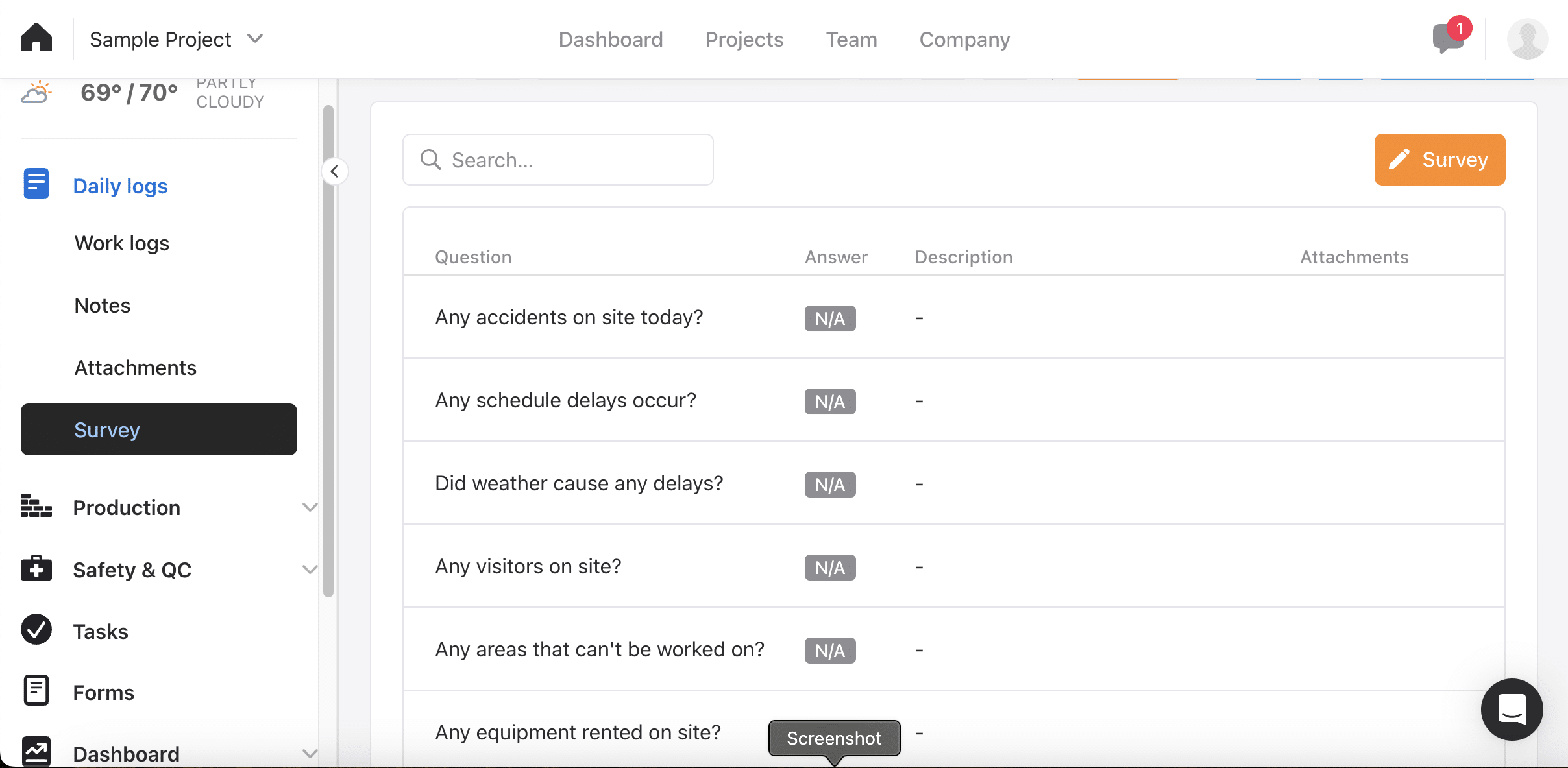 Raken daily log Survey tab listing standing questions including Any accidents on site today, Any schedule delays occur, Did weather cause any delays, Any visitors on site, Any areas that can't be worked on and Any equipment rented on site, each with answer, description and attachment columns