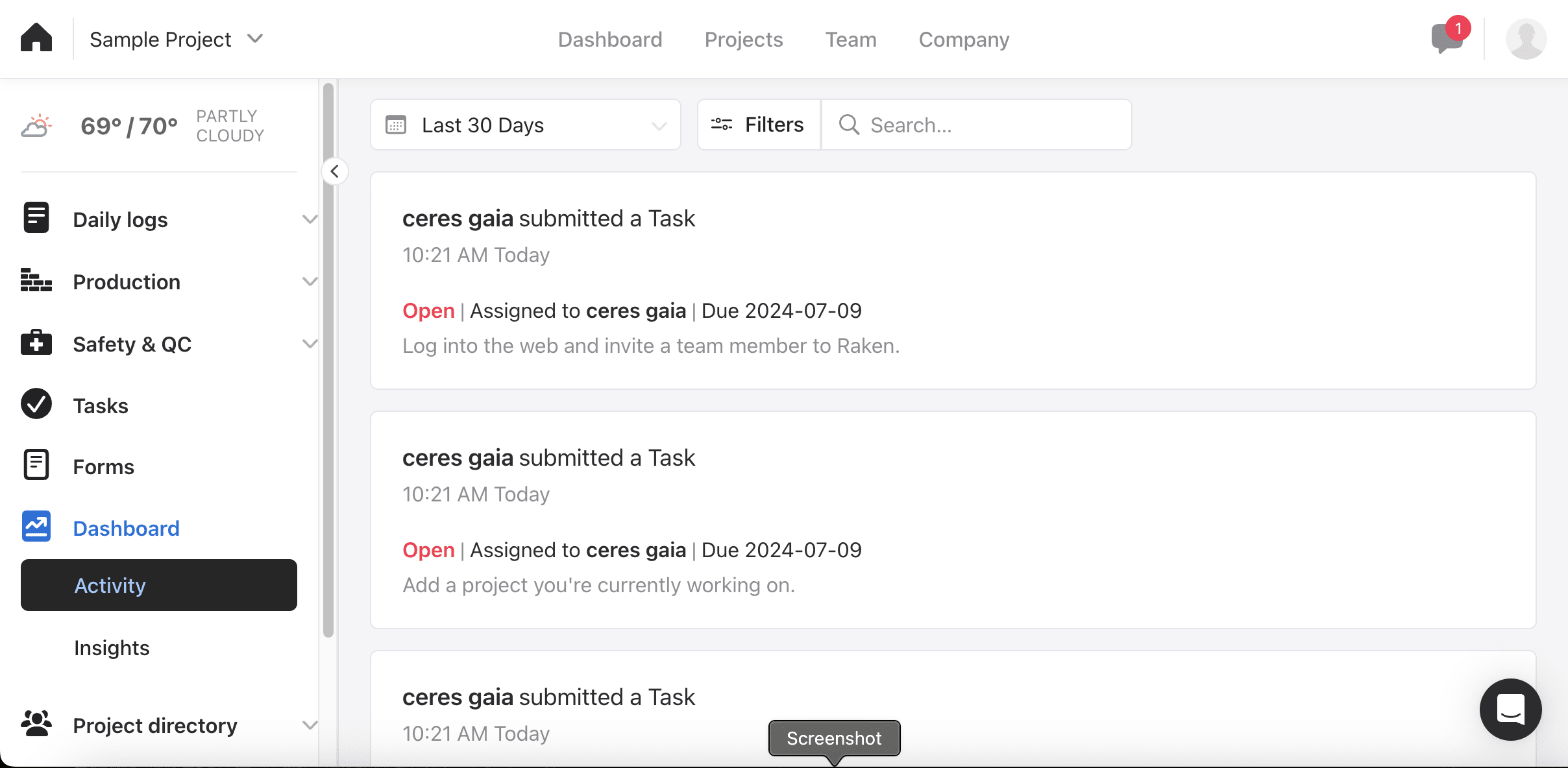 Raken Dashboard Activity tab filtered to the last 30 days, listing submitted entries with timestamps, assignees and due dates