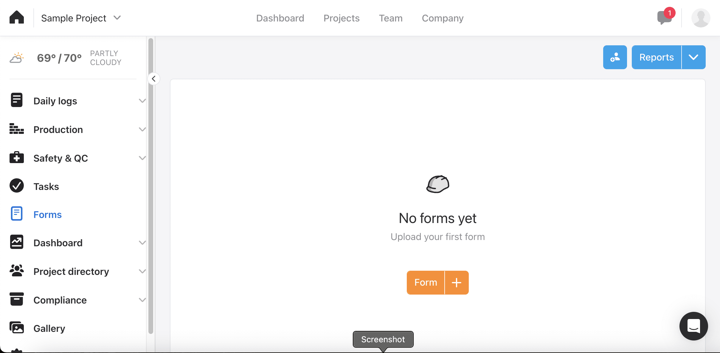 Raken Forms tab showing an empty state reading No forms yet with a button to add a form