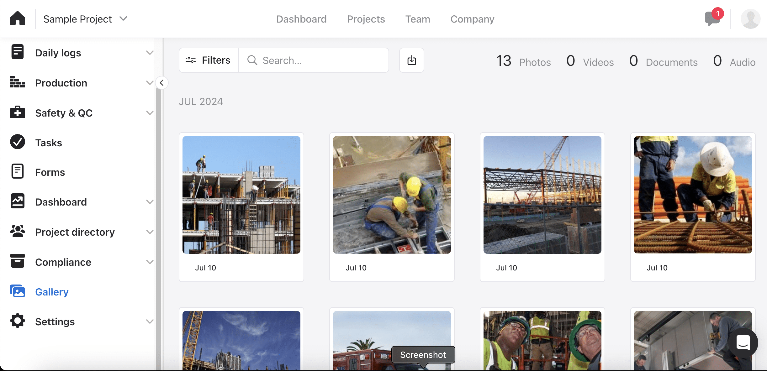 Raken Gallery showing a grid of 13 jobsite photos grouped under July 2024, with counters for photos, videos, documents and audio above