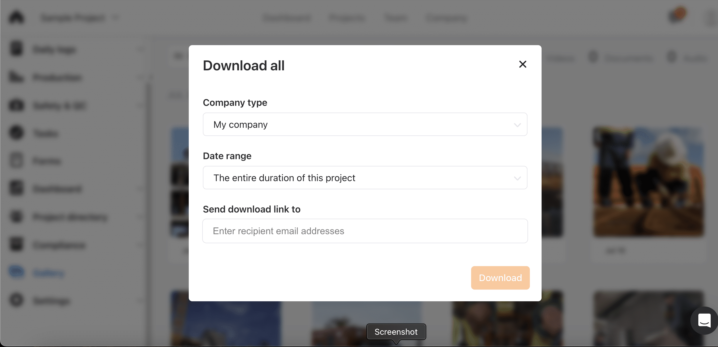 Raken Download all dialog with fields for company type, a date range set to the entire duration of the project, and a field to email the download link