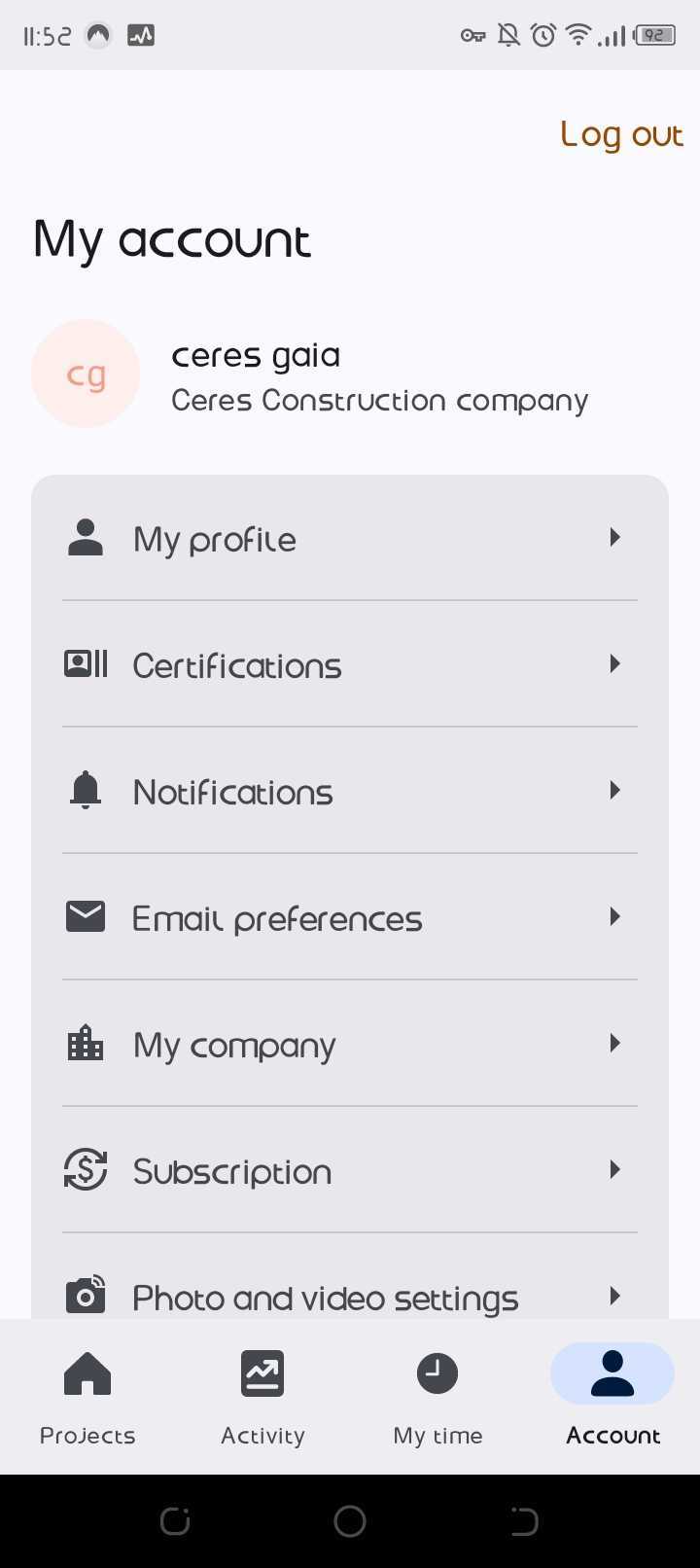 Raken mobile My account screen listing My profile, Certifications, Notifications, Email preferences, My company, Subscription and Photo and video settings