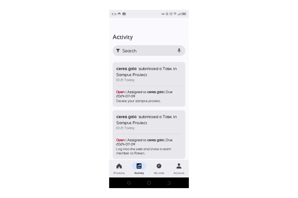 Raken mobile Activity tab showing a chronological feed of task submissions with assignees and due dates.