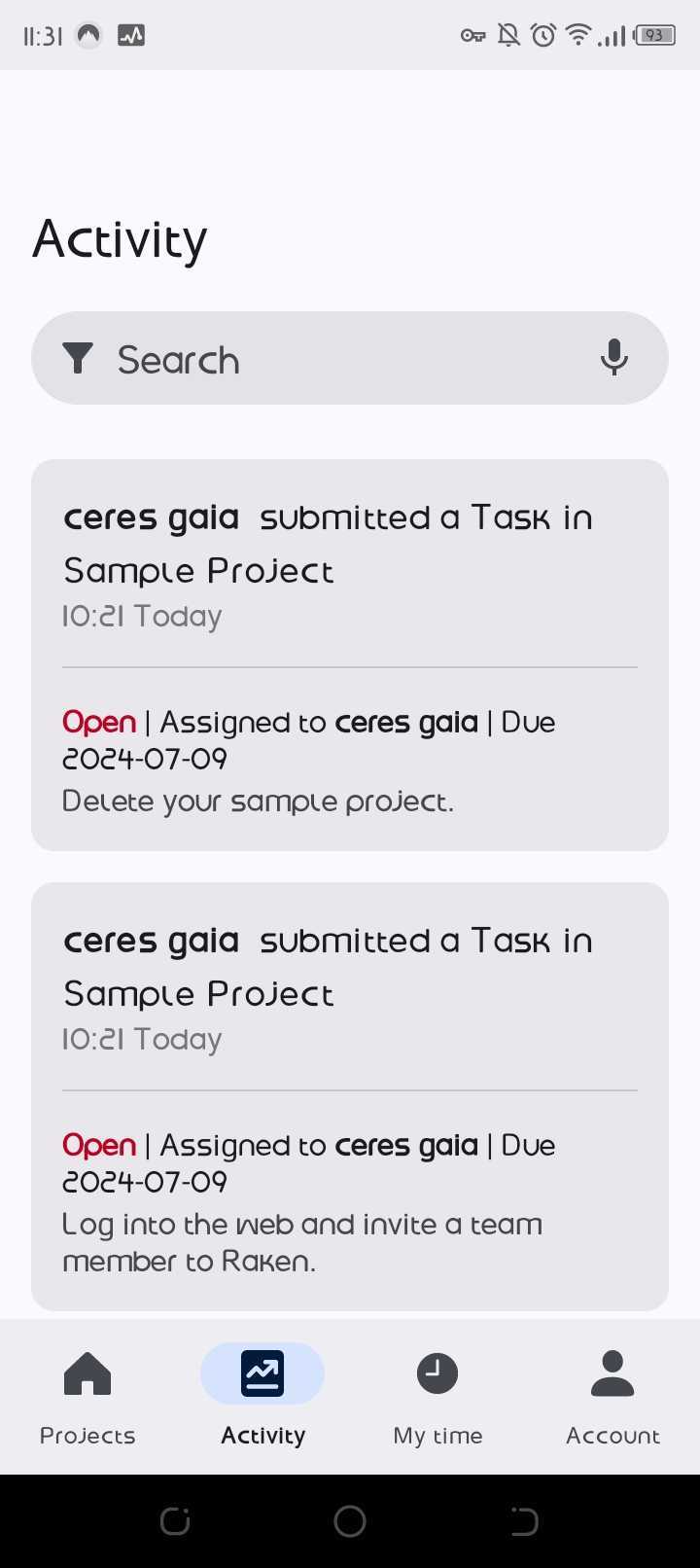 Raken mobile Activity tab showing a chronological feed of task submissions with assignees and due dates