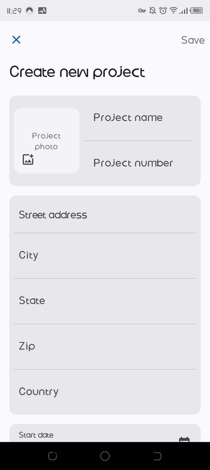 Raken mobile Create new project form with fields for project photo, project name, project number, street address, city, state, zip, country and start date