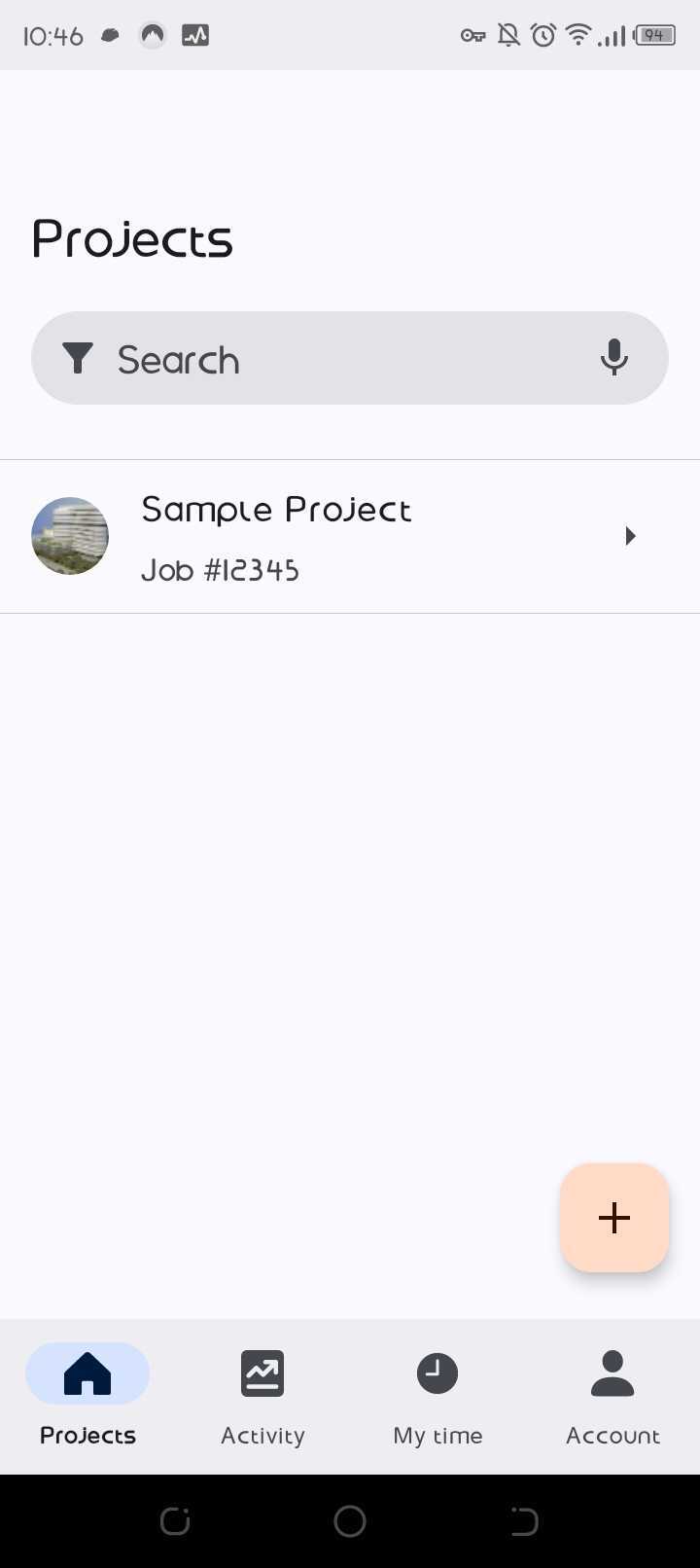 Raken mobile Projects tab listing one sample project with a search bar and a bottom navigation bar showing Projects, Activity, My time and Account