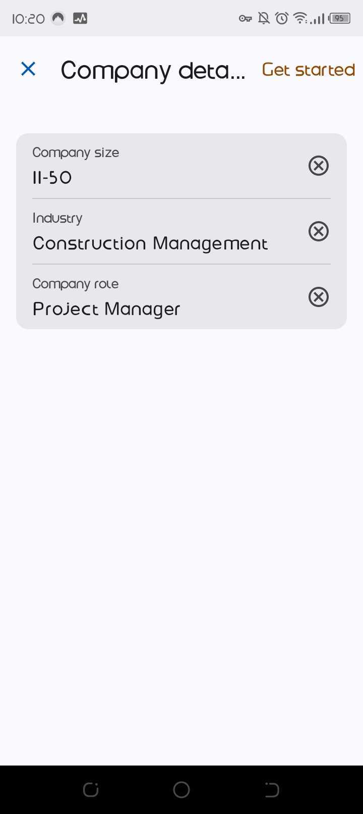 Raken mobile onboarding screen headed Company details, with Company size set to 11-50, Industry set to Construction Management and Company role set to Project Manager, and a Get started button
