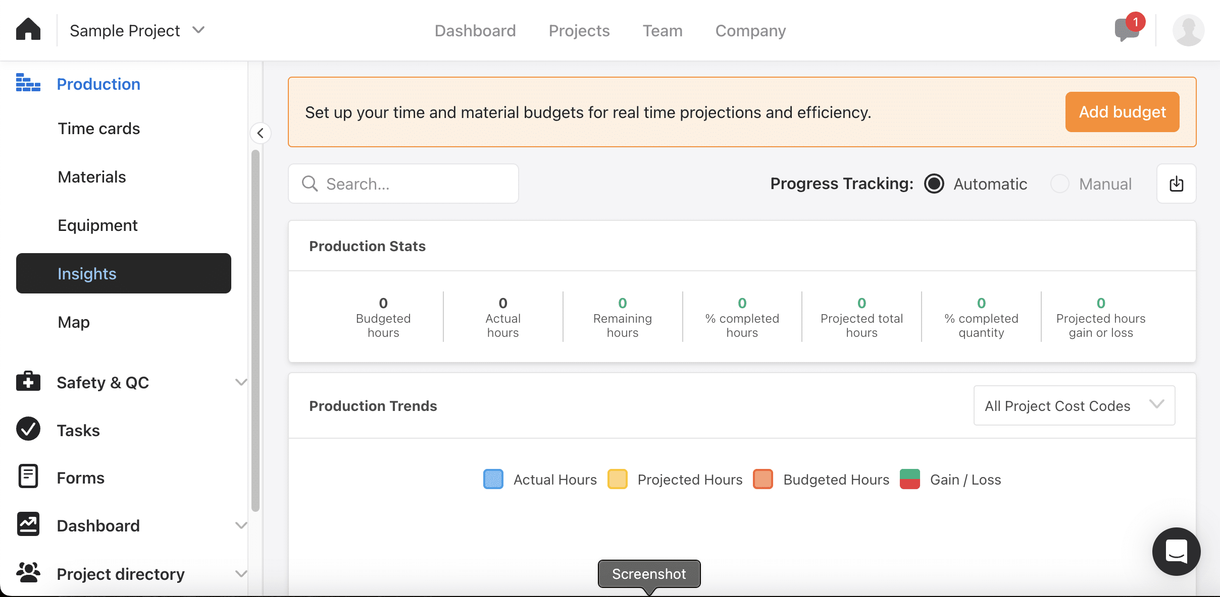 Raken Production Insights screen showing Production Stats for budgeted hours, actual hours, remaining hours, percent completed hours, projected total hours, percent completed quantity and projected hours gain or loss, above a Production Trends chart filtered by project cost codes