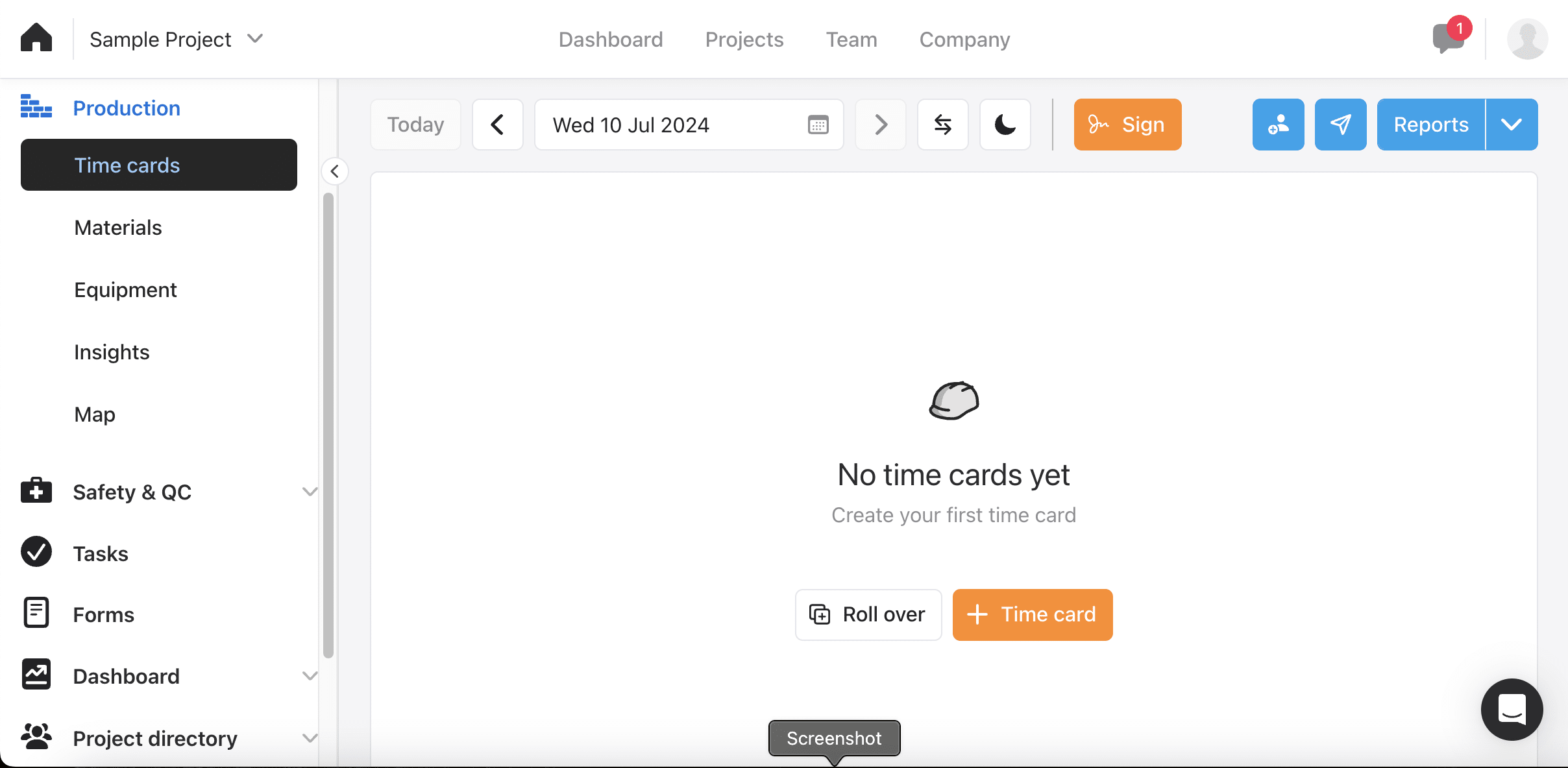 Raken Production Time cards tab dated 10 July 2024 showing an empty state reading No time cards yet with Roll over and Time card buttons