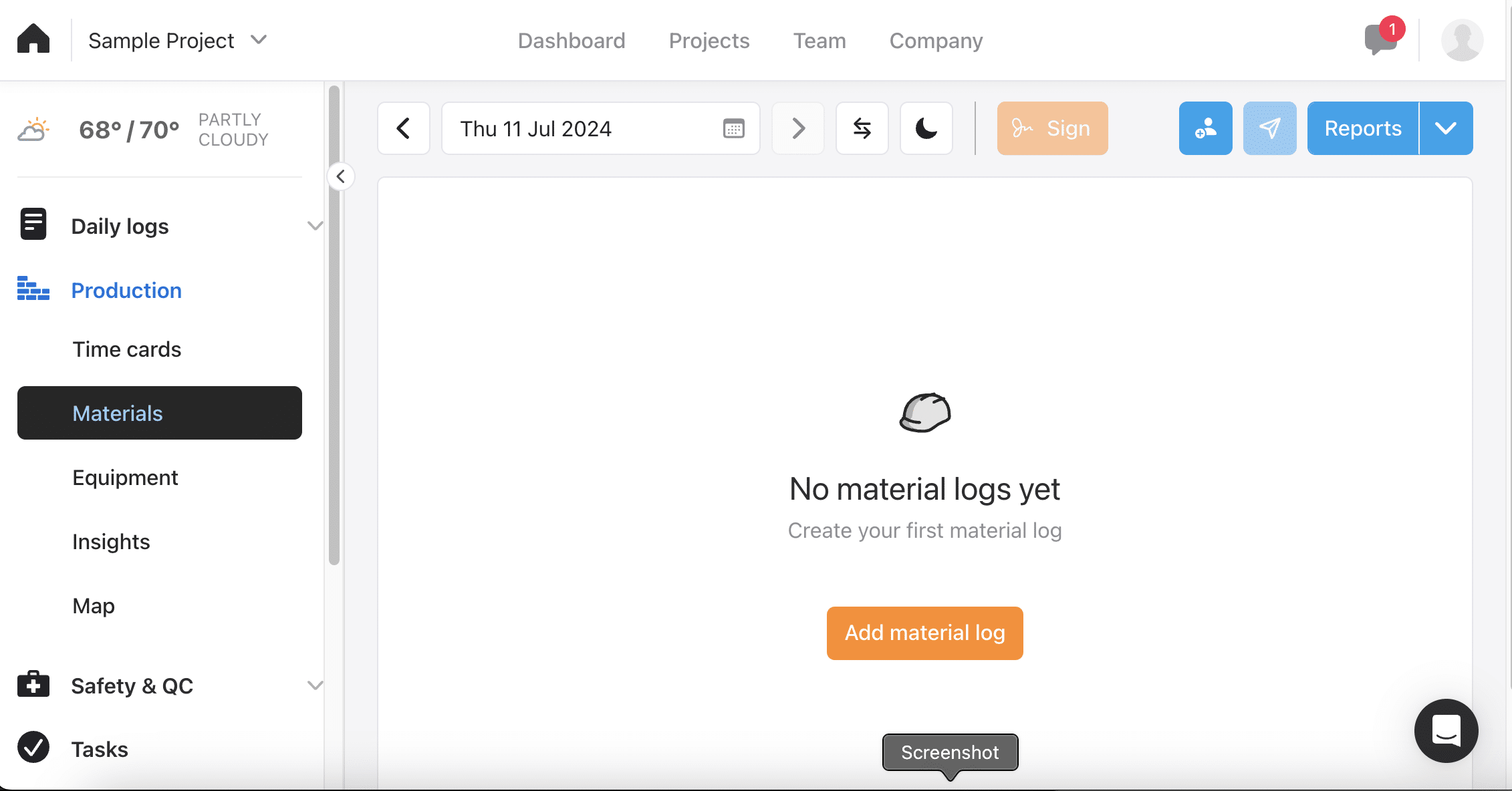 Raken Production Materials tab dated 11 July 2024 showing an empty state reading No material logs yet