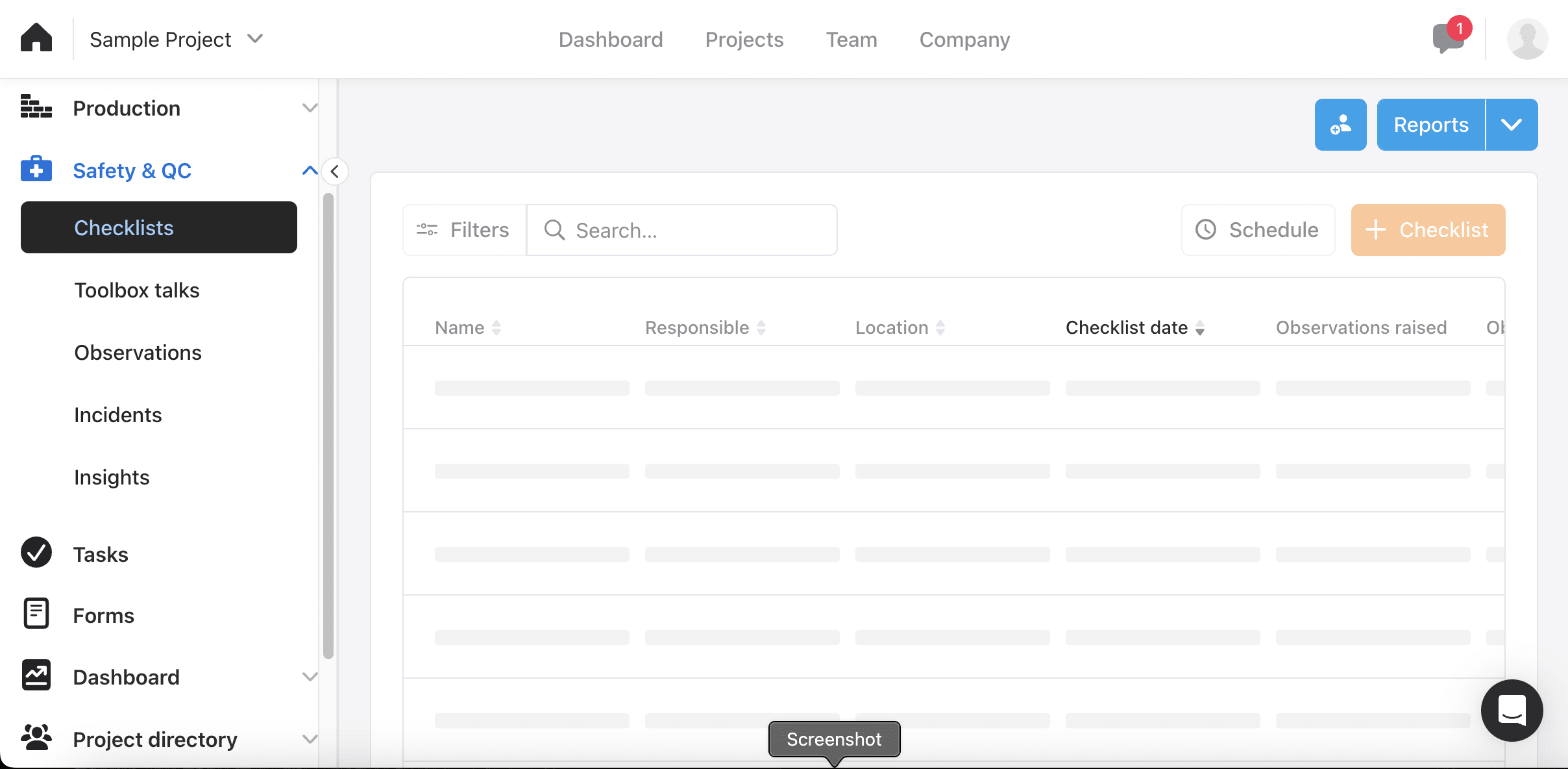 Raken Safety and QC Checklists tab with columns for name, responsible person, location, checklist date and observations raised, rows still loading