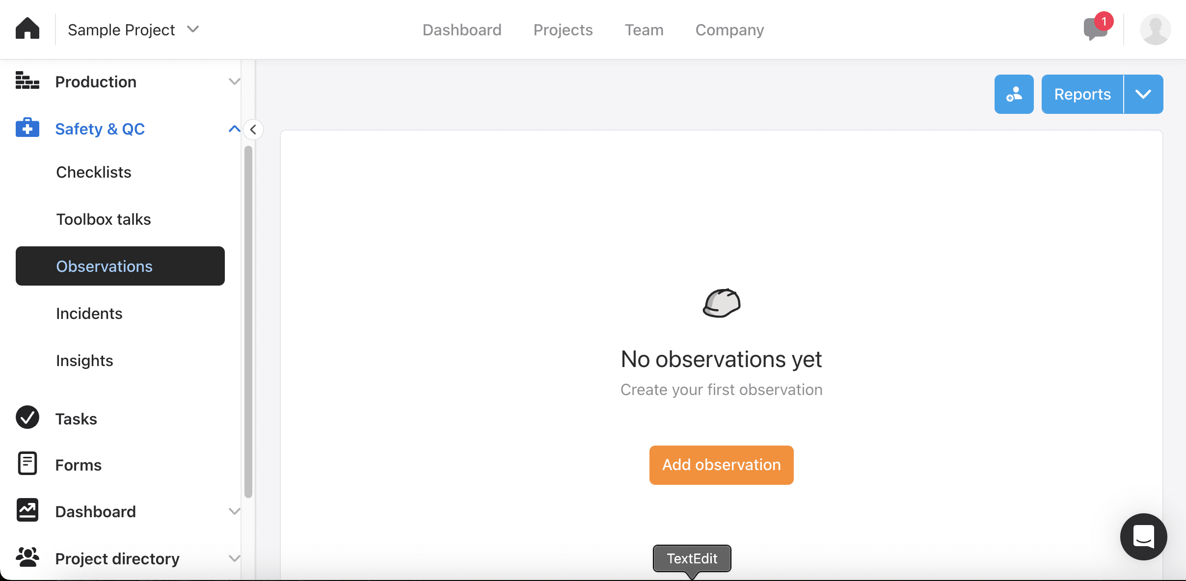 Raken Safety and QC Observations tab showing an empty state reading No observations yet with an Add observation button