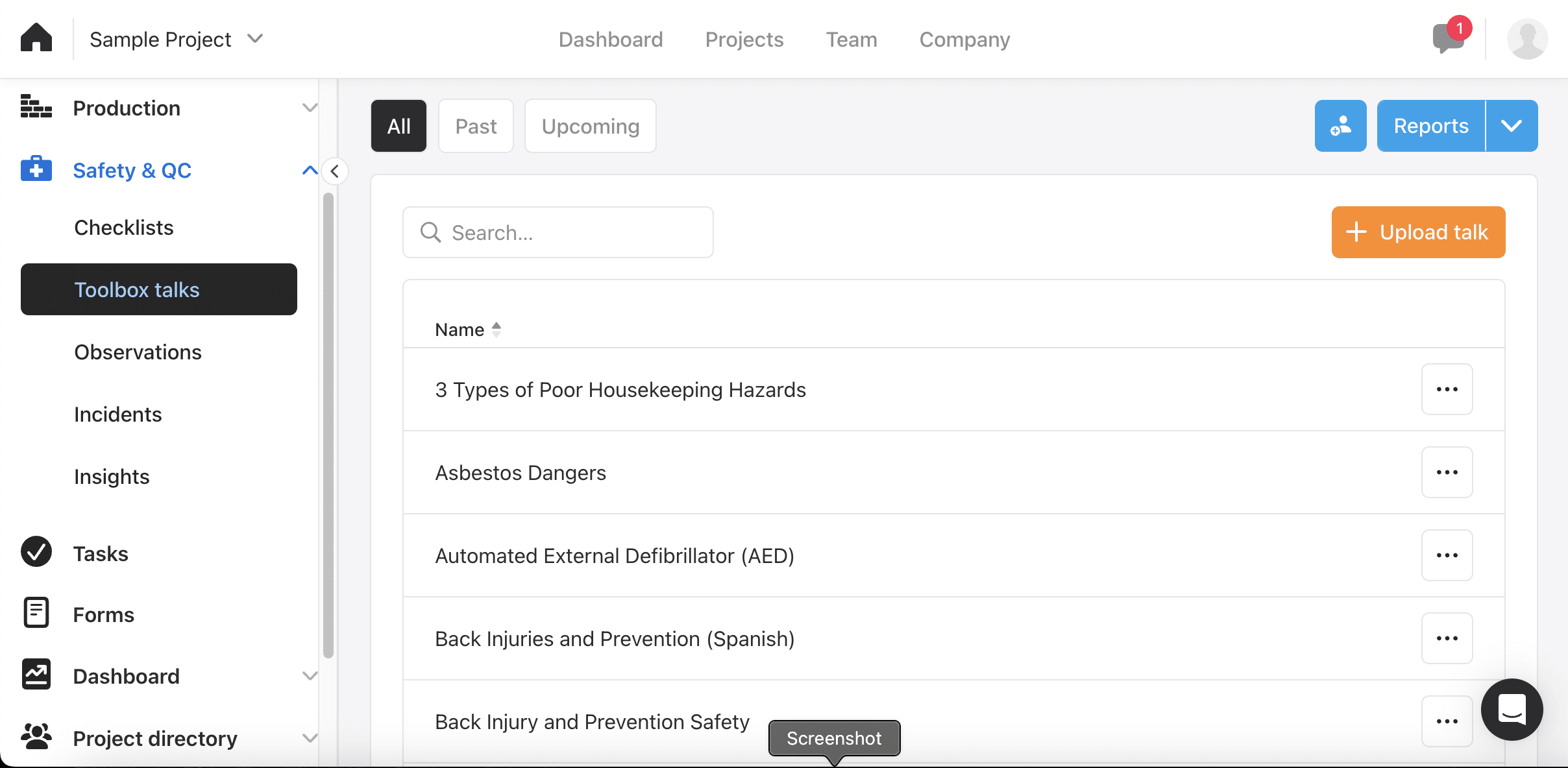 Raken Safety and QC Toolbox talks tab listing pre-built safety talks including 3 Types of Poor Housekeeping Hazards, Asbestos Dangers, Automated External Defibrillator, Back Injuries and Prevention in Spanish, and Back Injury and Prevention Safety, with an Upload talk button