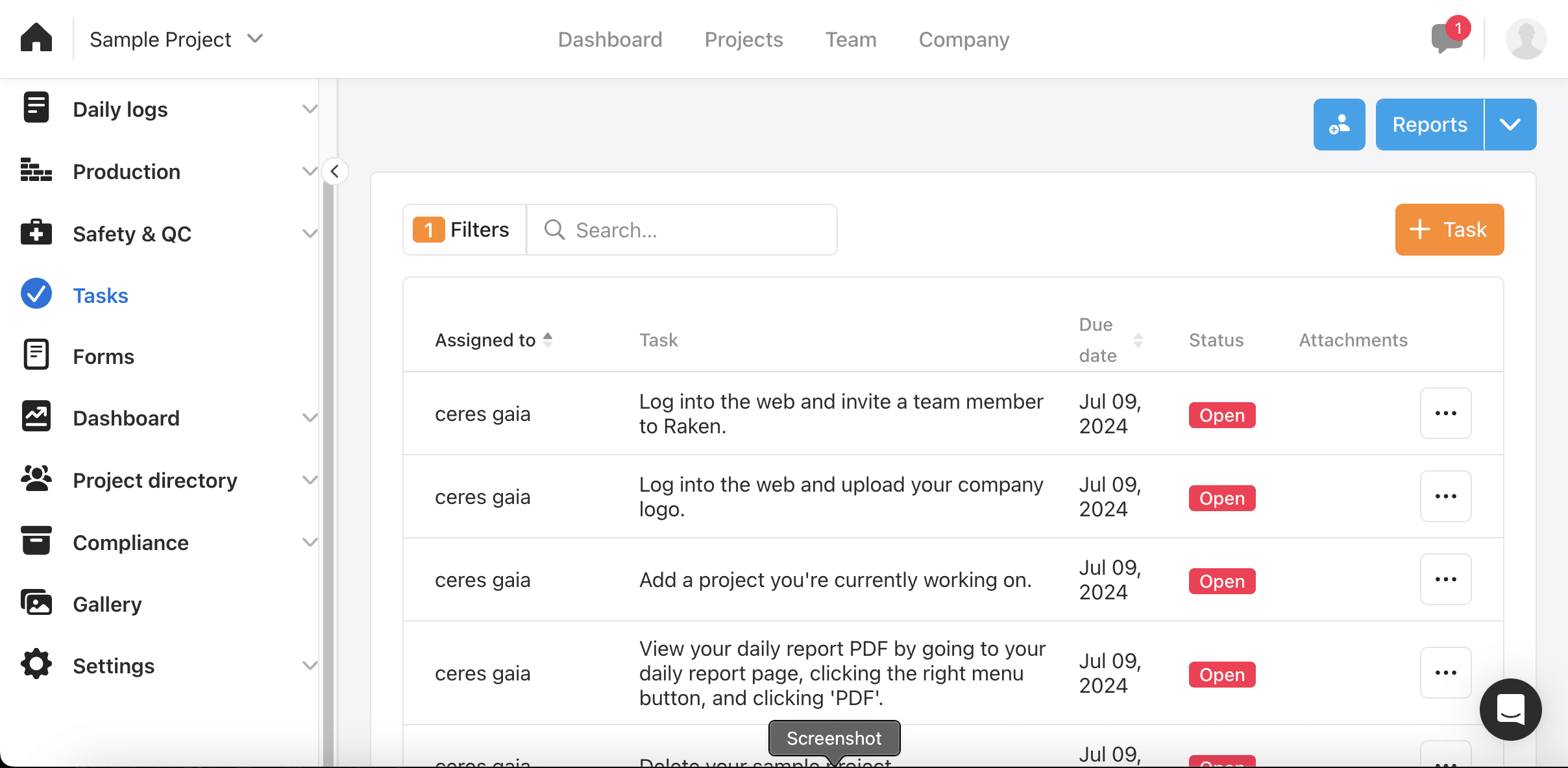 Raken Tasks tab showing a table of assigned tasks with columns for assignee, task, due date, status and attachments