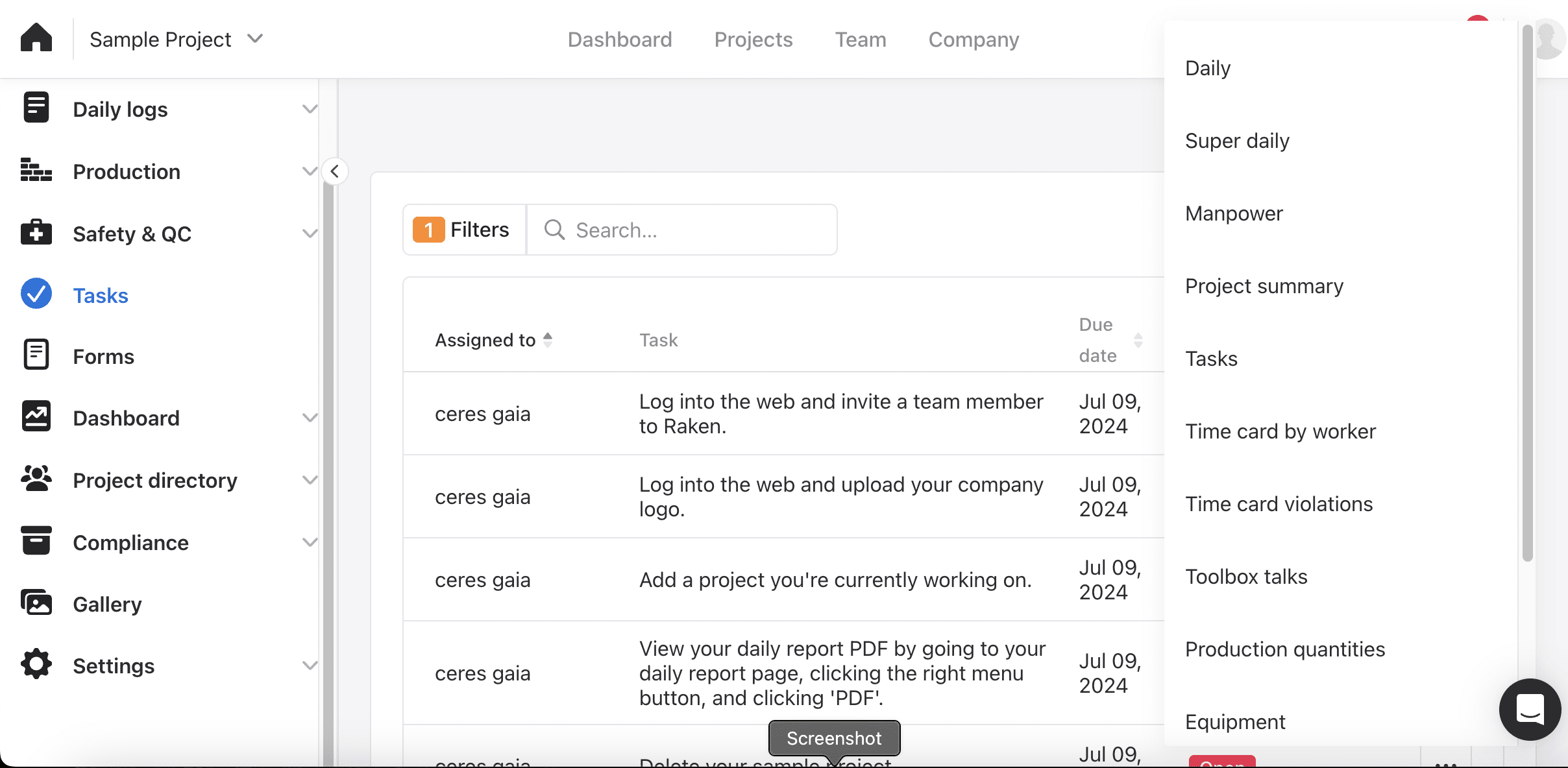 Raken Reports dropdown open over the Tasks tab, listing report types including Daily, Super daily, Manpower, Project summary, Tasks, Time card by worker, Time card violations, Toolbox talks, Production quantities and Equipment