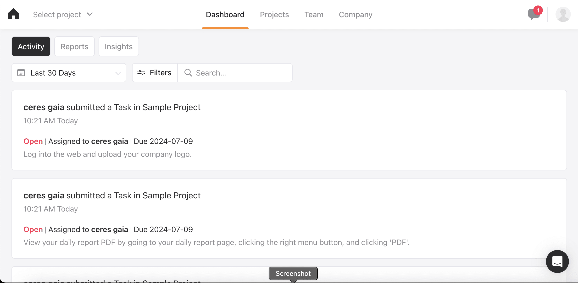 Raken web app landing view showing the activity feed with Activity, Reports and Insights tabs and a last-30-days filter