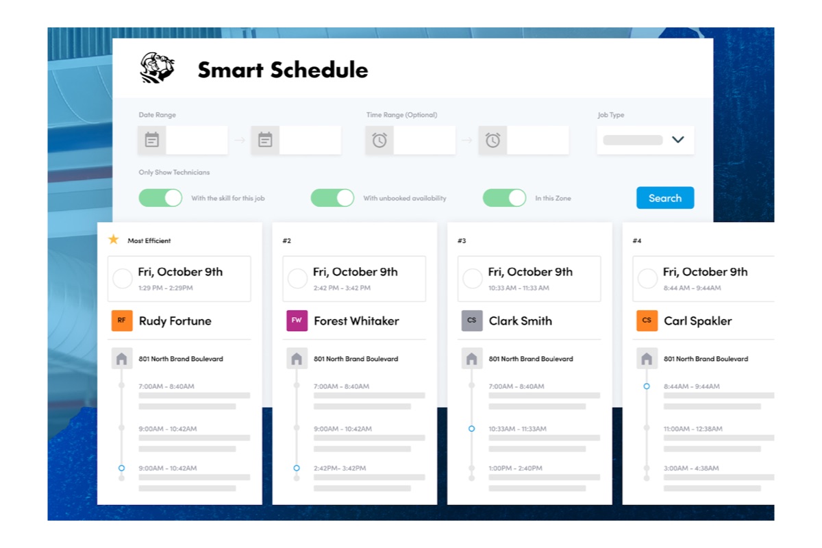 ServiceTitan's Smart Schedule, with date range, time range and job type filters above toggles limiting results to technicians who have the skill for the job, have unbooked availability and are in the zone, and four ranked technician options each showing a named tech, a time window, the address and that technician's existing day.