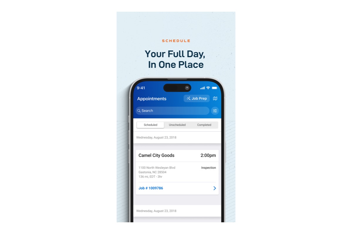 ServiceTrade's mobile Appointments screen filtered to Scheduled, showing a commercial inspection appointment with the customer name, site address, distance and drive time, and a job number.