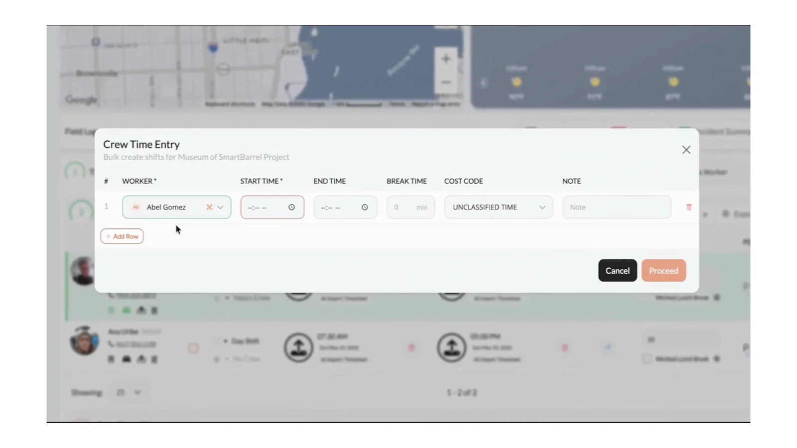 SmartBarrel crew time entry screen showing workers listed against a jobsite with their punch times and verification photos.
