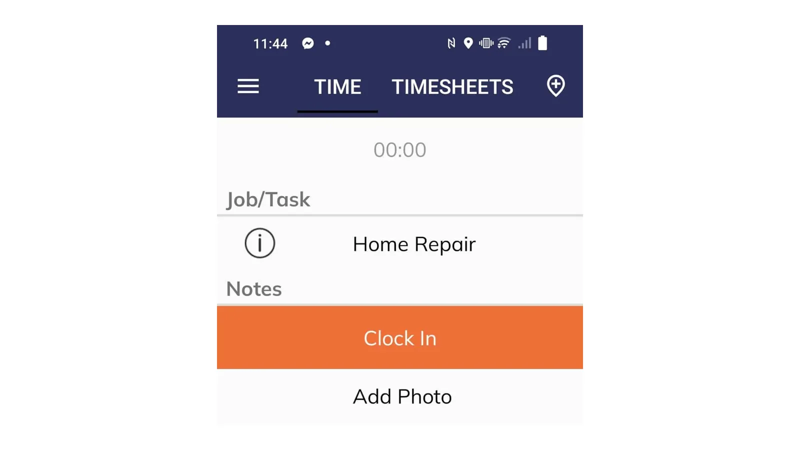Timeero clock-in screen showing job selection and the clock-in control.