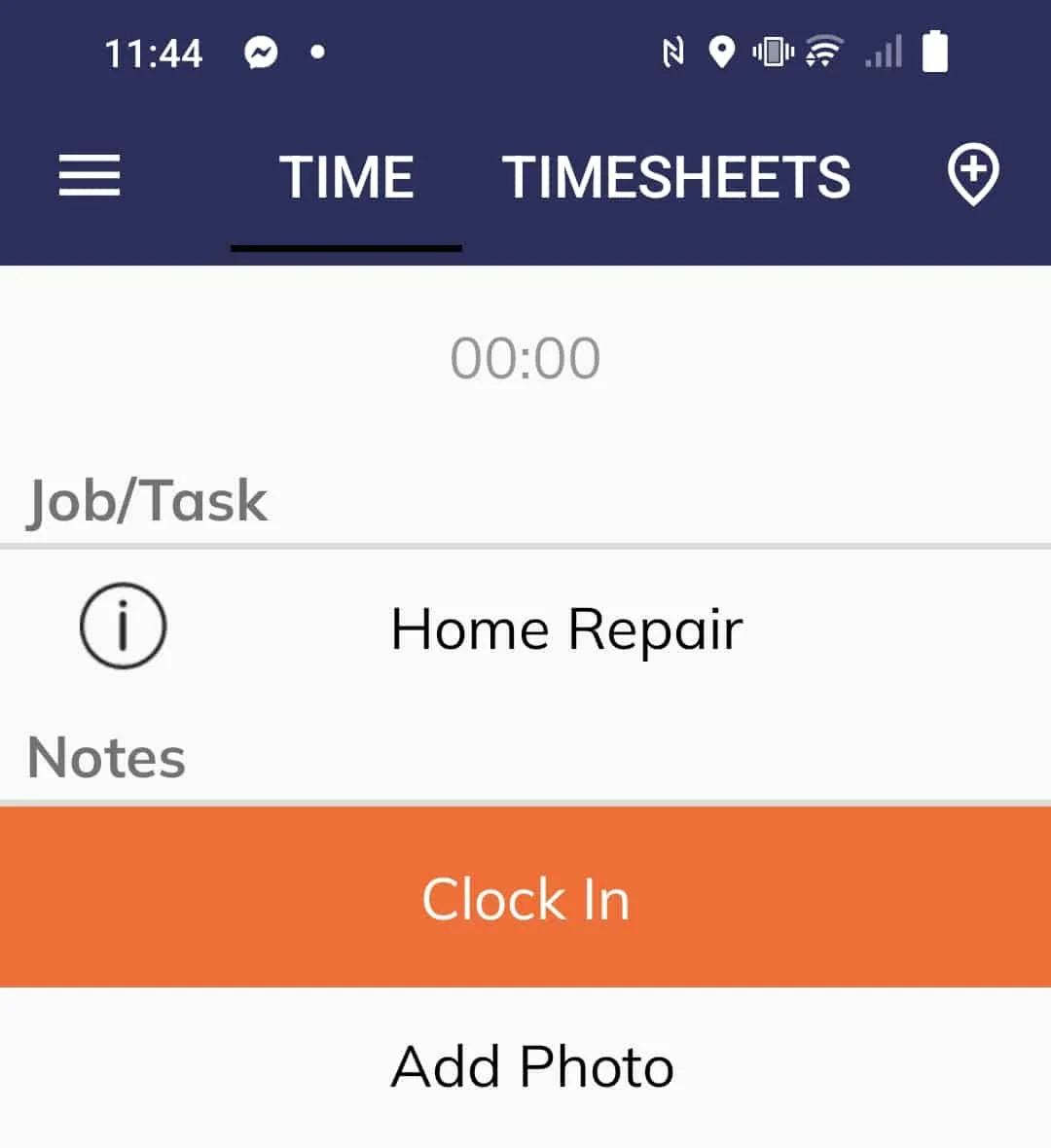 Timeero's Android time clock showing a job and task selector set to Home Repair, with a notes field and an orange Clock In button above an Add Photo option.