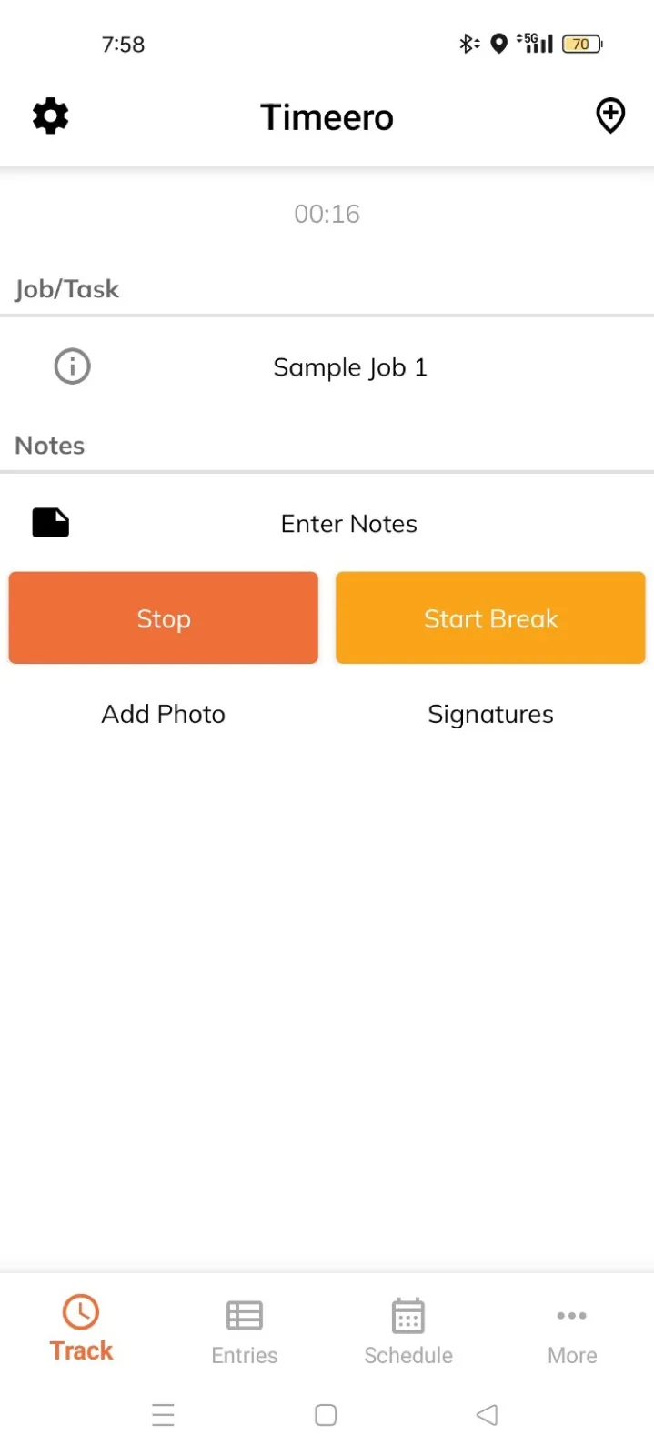Timeero active shift screen showing Sample Job 1, an Enter Notes field, Stop and Start Break buttons, and Add Photo and Signatures links