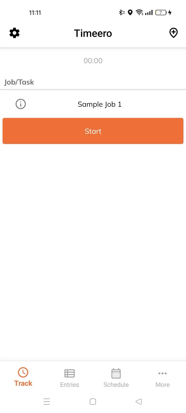 Timeero Android Track screen with Sample Job 1 selected under Job/Task and an orange Start button