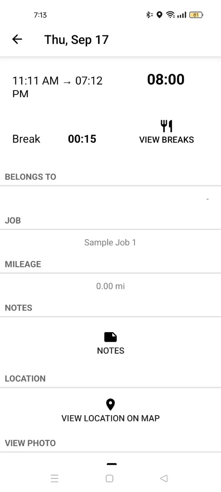 Timeero completed time entry for Thursday September 17 showing 11:11 AM to 7:12 PM, 8:00 hours, a 15-minute break, Sample Job 1, mileage, notes, and a View Location on Map link